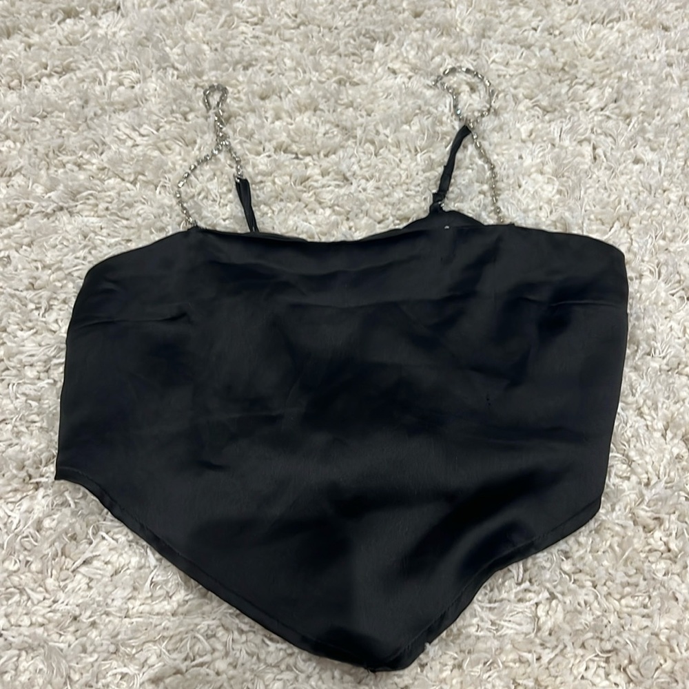 Garage open back scarf tie crop top with jeweled straps